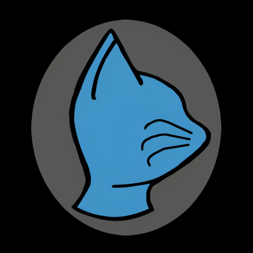 Blue Cat Treasures logo, a stylized blue cat in profile on a gray oval background