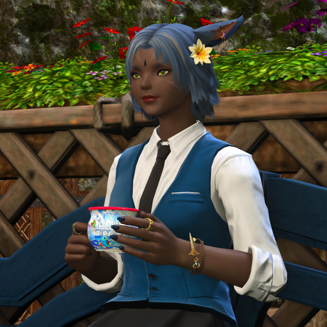 Tallis Nbenra, a blue-haired female Miqo'te with dark skin, is seated on a bench in a garden. She is dressed in a white dress shirt, blue waistcoat, black tie, and has a yellow flower in her hair. She is drinking some cider from a mug.