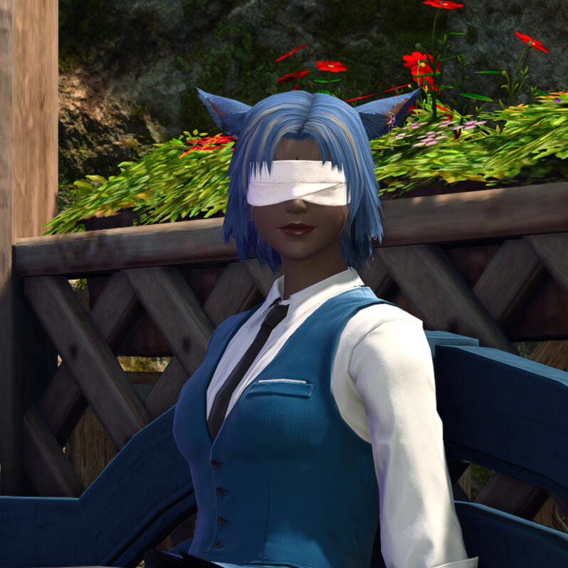 Tallis Nbenra, a blue-haired female Miqo'te, seated on a bench in a garden