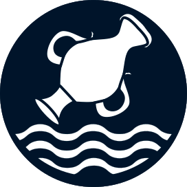 Eorzean Museum Network logo, a Greek urn in white above three wavy lines, on a dark blue background